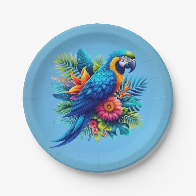 Colourful, blue tropical macaw  paper plate (Front)