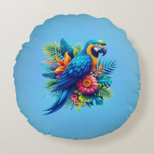 Colourful, blue tropical macaw round cushion