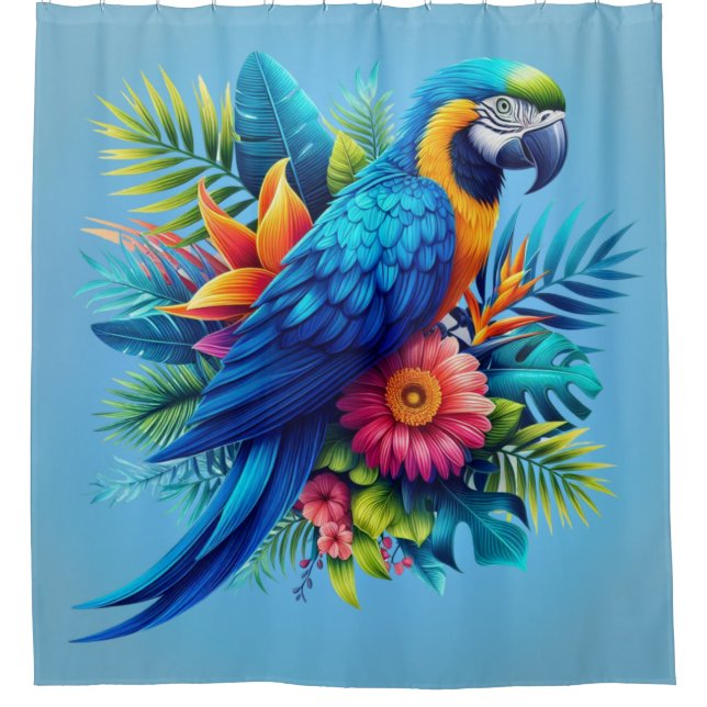 Colourful, blue tropical macaw  shower curtain (Front)