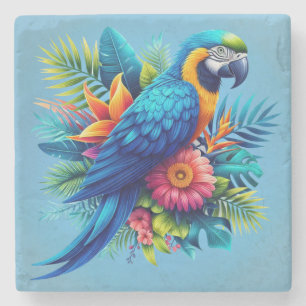 Colourful, blue tropical macaw  stone coaster