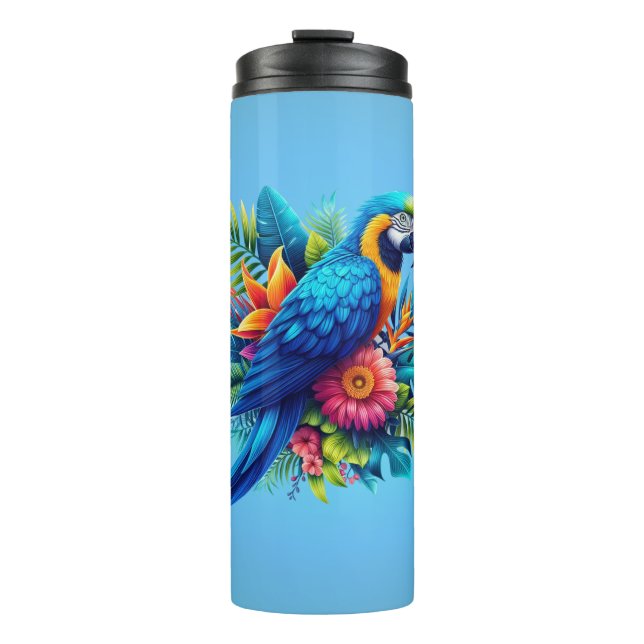 Colourful, blue tropical macaw  thermal tumbler (Front)