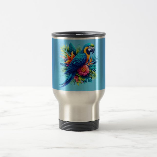 Colourful, blue tropical macaw  travel mug (Center)