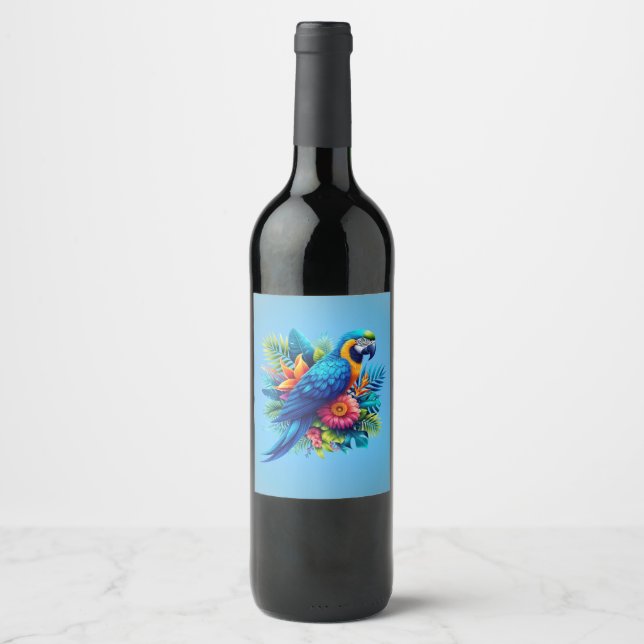 Colourful, blue tropical macaw  wine label (Front)