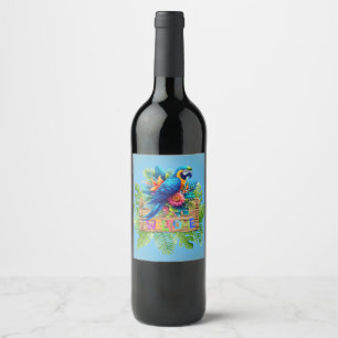 Colourful, blue tropical macaw wine label