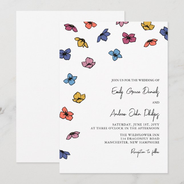 Colourful Blue Violet Flowers Wedding Invitation (Front/Back)