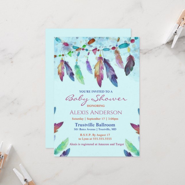 Colourful Blue Watercolor Feathers Baby Shower  Invitation (Front/Back In Situ)