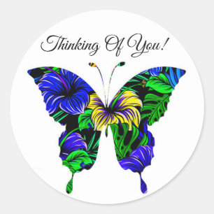 Colourful Blue Yellow Green Butterfly Pattern  Classic Round Sticker