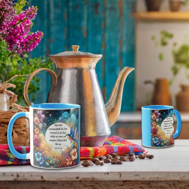 Colourful Bluebird Flowers Romans Bible Verse KJV Mug (Creator Uploaded)
