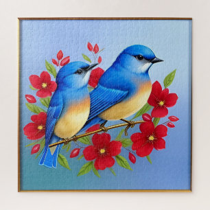Colourful Bluebirds Perched Among Red Flowers Jigsaw Puzzle
