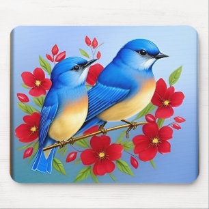 Colourful Bluebirds Perched Among Red Flowers Mouse Mat