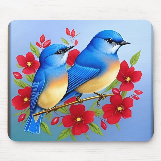 Colourful Bluebirds Perched Among Red Flowers Mouse Mat (Front)