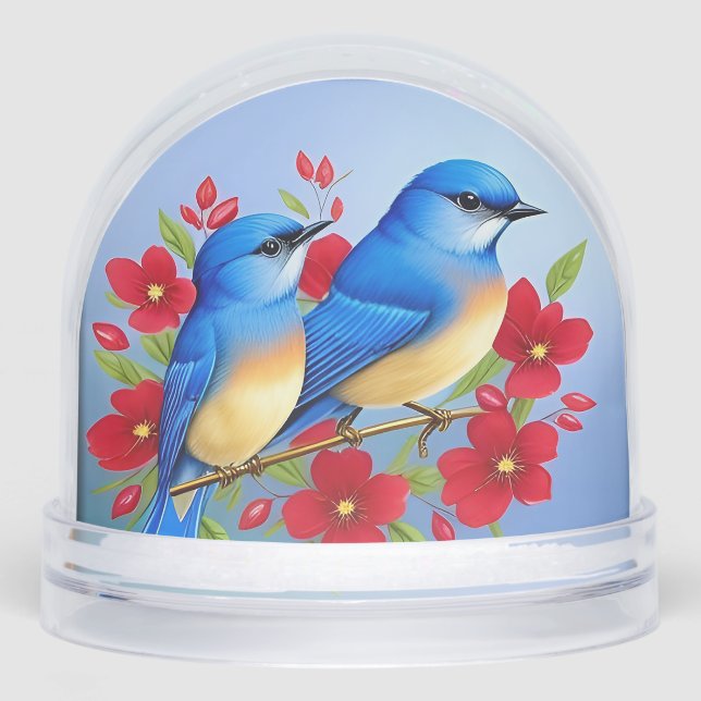 Colourful Bluebirds Perched Among Red Flowers Snowglobe (Front)