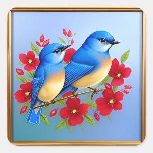 Colourful Bluebirds Perched Among Red Flowers Square Sticker