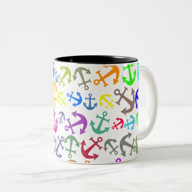 Colourful Boat Anchor Pattern Two-Tone Coffee Mug (Front Right)