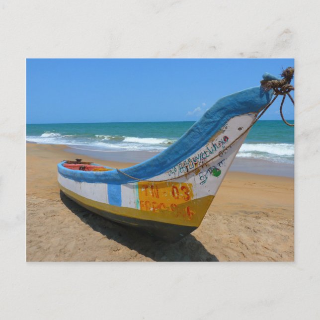 Colourful Boat on Sandy Beach Ocean Scene Postcard (Front)