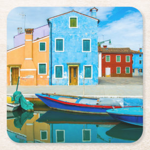 Colourful Boat Scene Venetian Lagoon Square Paper Coaster