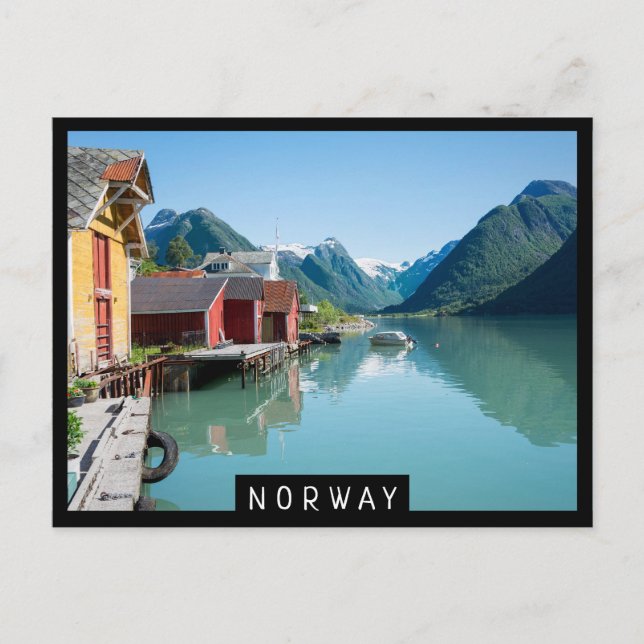 Colourful boathouses and a fjord in Norway Postcard (Front)