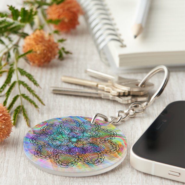 Colourful Bohemian Chic Mandala Flower Pattern Key Ring (Front Right)