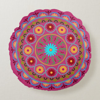 Colourful bohemian embroidery flower round pillow