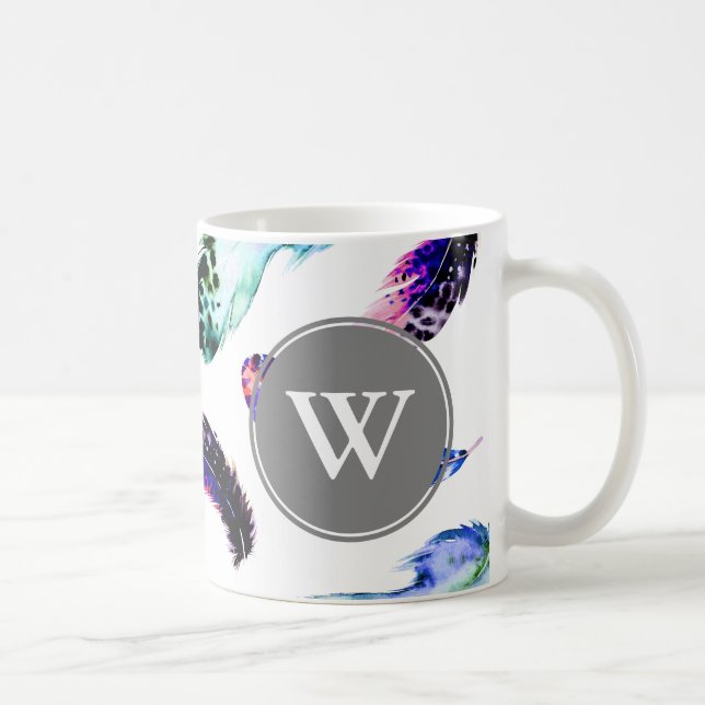 Colourful Bohemian Feathers Grey Monogram Coffee Mug (Right)