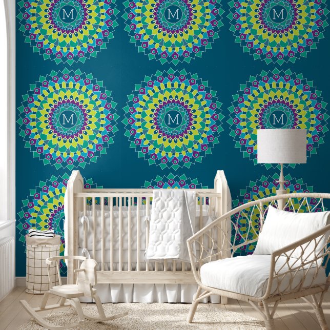 Colourful Bohemian Flower with Custom Monogram Wallpaper (Kids)