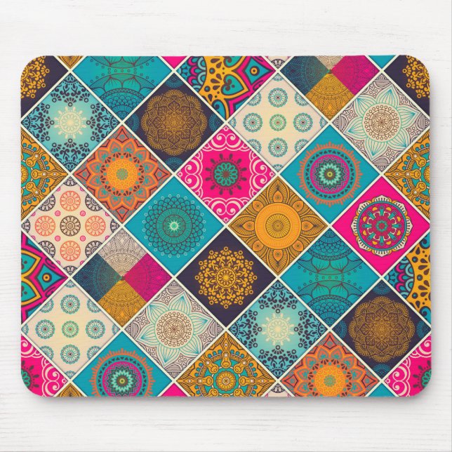 Colourful Bohemian Mandala Patchwork Mouse Mat (Front)