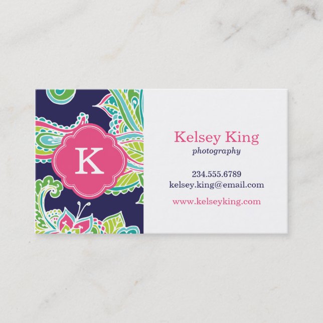 Colourful Bohemian Paisley Henna Custom Monogram Business Card (Front)