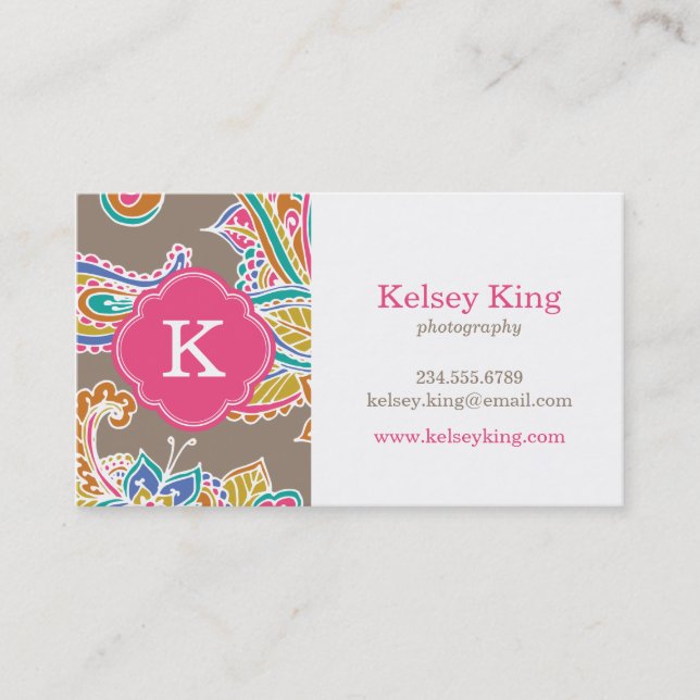 Colourful Bohemian Paisley Henna Custom Monogram Business Card (Front)