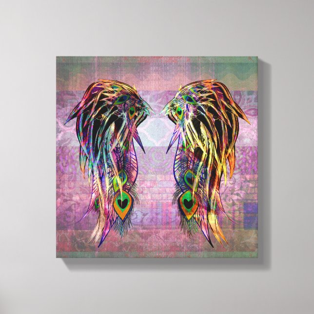 Colourful Bohemian Peacock Feather Angel Wings Canvas Print (Front)