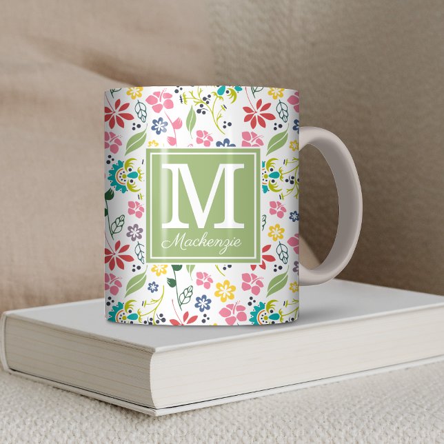 Colourful Bohemian Spring Flowers Green Monogram Coffee Mug (Colorful Bohemian Spring Flowers Green and White Monogram Coffee Mug)
