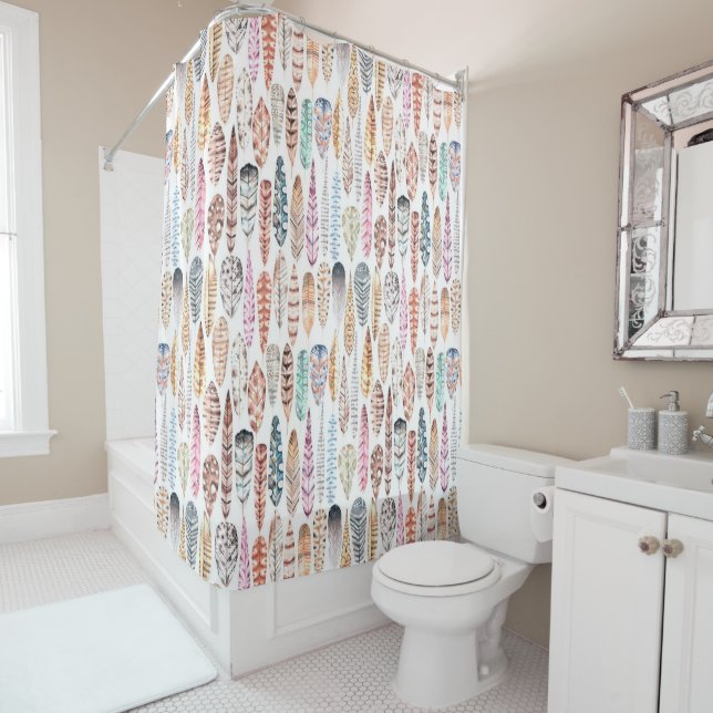 Colourful Bohemian Tribal Watercolor Feathers Shower Curtain (In Situ)