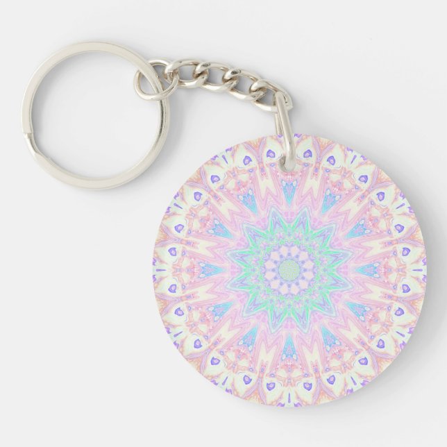 Colourful Bohemian Trippy Bright Pastel Mandala Key Ring (Front)