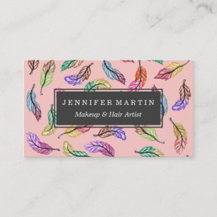 Colourful Bohemian Watercolor Feathers Pattern Business Card
