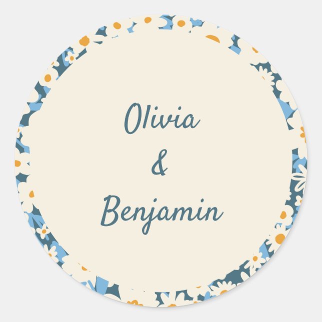 Colourful Boho Blue White Floral Custom Wedding Classic Round Sticker (Front)