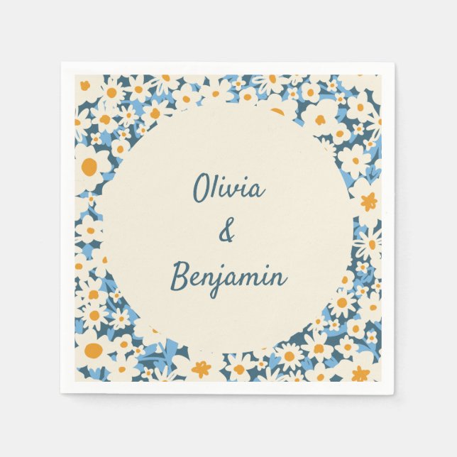 Colourful Boho Blue White Floral Custom Wedding Napkin (Front)