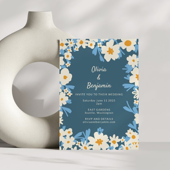 Colourful Boho Blue Yellow White Floral Wedding Invitation (Creator Uploaded)