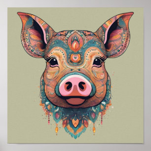 Colourful Boho Bohemian Pig Whimsical Art in Sage Poster