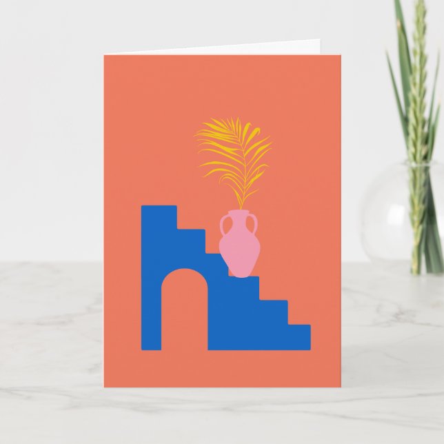 Colourful Boho Botanical Shapes in Orange and Blue Note Card (Front)