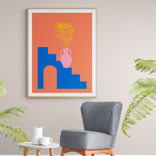 Colourful Boho Botanical Shapes in Orange and Blue Poster