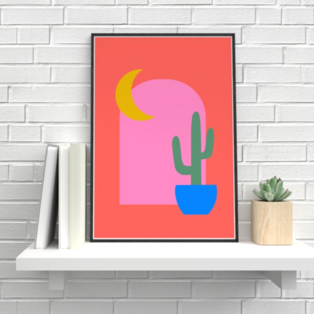 Colourful Boho Cactus Moon Shapes in Red and Pink Poster (Creator Uploaded)