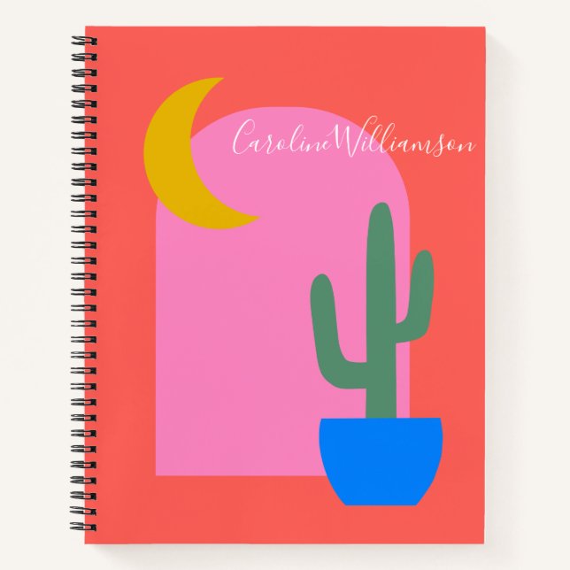 Colourful Boho Cactus Moon Shapes in Red Custom Notebook (Front)