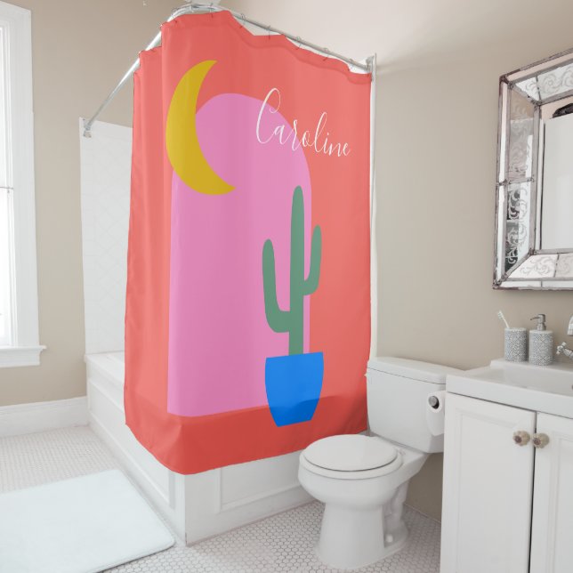 Colourful Boho Cactus Moon Shapes in Red Custom  Shower Curtain (In Situ)