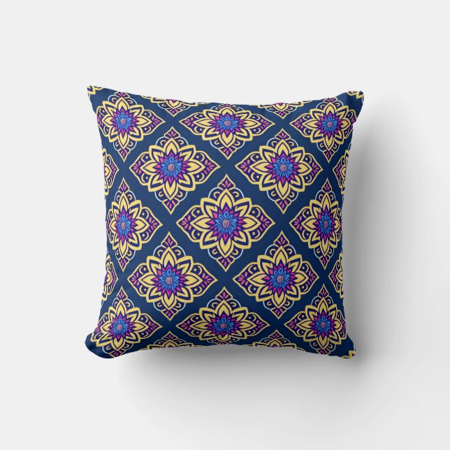 Colourful Boho Chic Geometric Floral Pattern Cushion (Front)