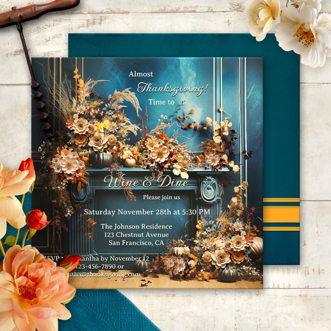 Colourful Boho Chic Thanksgiving Dinner Party Invitation (Whimsical boho chic Thanksgiving dinner party invitation, featuring flowers in a retro style room)