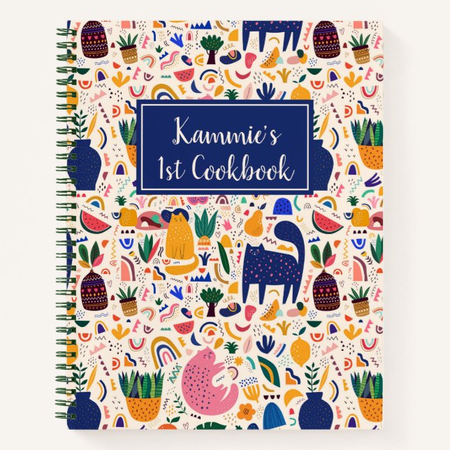 Colourful Boho Desert Cats Pattern Kids Cookbook Notebook (Front)