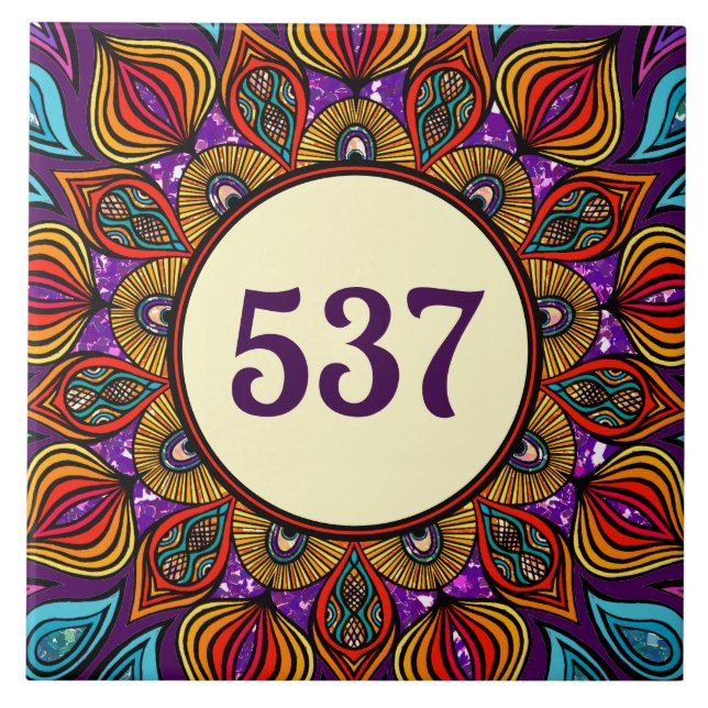 Colourful Boho Fancy Decorative House Number Plaqu Tile (Front)