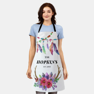 Colourful Boho Feathers and Flowers Custom Family Apron