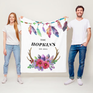 Colourful Boho Feathers and Flowers Custom Family Fleece Blanket