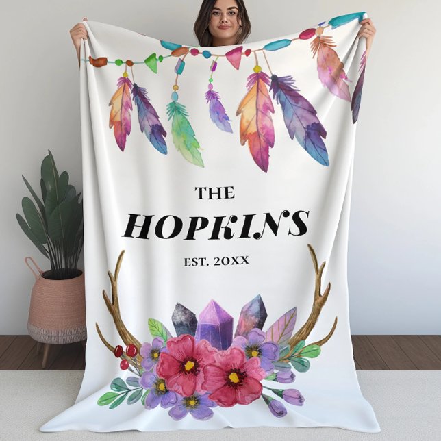 Colourful Boho Feathers and Flowers Custom Family Sherpa Blanket (Creator Uploaded)