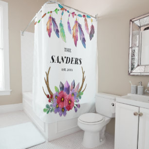 Colourful Boho Feathers and Flowers Custom Family Shower Curtain